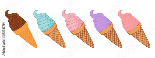 Set of colorful soft serve ice cream cones vector illustration. Hand drawn assorted flavor ice cream in waffle cones