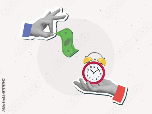 A one hand gives a green banknote and other give a red classic alarm clock. The concept of exchanging money for time. Modern photo collage style. Vector illustration