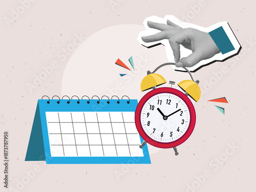 A hand puts ringing red alarm clock near a paper calendar. Modern photo collage style. Vector illustration