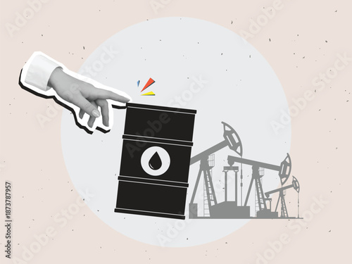 Black and white hand touches the oil barrel near oil derricks silhouettes. Oil production concept. Modern photo collage style. Vector illustration