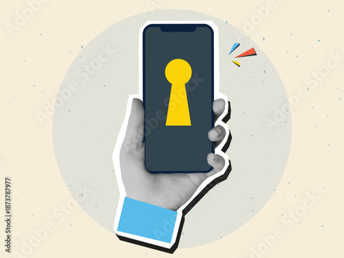 Hand holds phone with a keyhole on a screen. Cyber ​​security concept. Modern collage style. Vector illustration