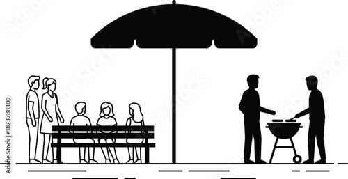 Family and friends barbecue silhouette under garden umbrella, outdoor picnic gathering and social lifestyle concept, leisure illustration, black white vector art