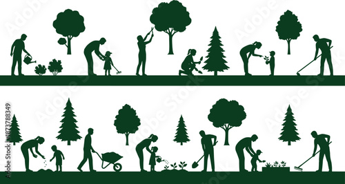 Family gardening silhouettes planting trees together, parents teaching children nature care, sustainable eco lifestyle illustration collection