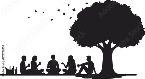 PrintFriends silhouette relaxing together under tree, outdoor picnic gathering, social connection, conversation, nature, leisure, peaceful summer moment