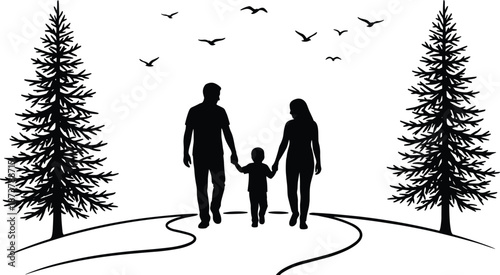 Happy family walking together on forest path silhouette, parents and child bonding journey concept, nature lifestyle illustration, black white vector art