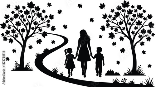 Mother walking with children along autumn path, falling leaves trees, family bonding peaceful nature illustration scene, concept, artwork