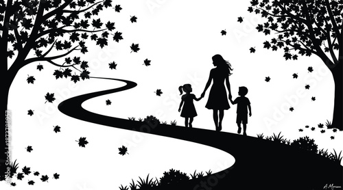 Mother walking with children along autumn path, falling leaves, family bonding peaceful nature silhouette illustration scene, concept, artwork
