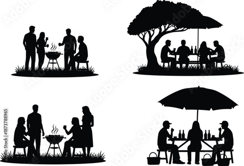 Outdoor social gathering silhouettes set, friends enjoying barbecue picnic dining together under tree umbrella lifestyle illustration, collection, concept