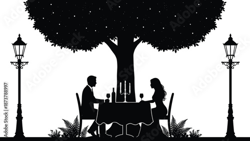 Romantic couple candlelight dinner silhouette under tree at night, love date concept, elegant outdoor dining illustration, black white vector art