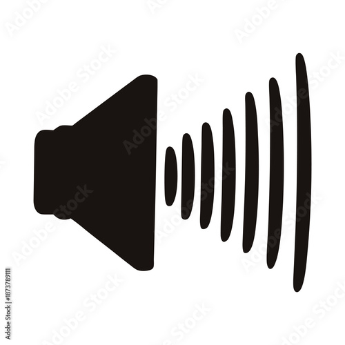 Black silhouette of a speaker emitting sound waves in increasing intensity