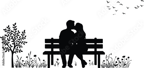 Romantic couple silhouette kissing on park bench with birds flowers tree, peaceful love relationship moment, nature illustration scene
