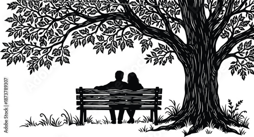 Romantic couple silhouette sitting on park bench under tree, peaceful love moment, nature themed illustration scene