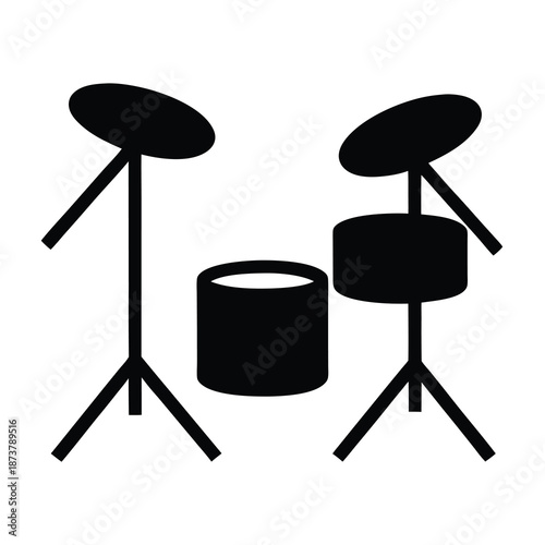 Minimalist black and white illustration of a simple drum set arrangement