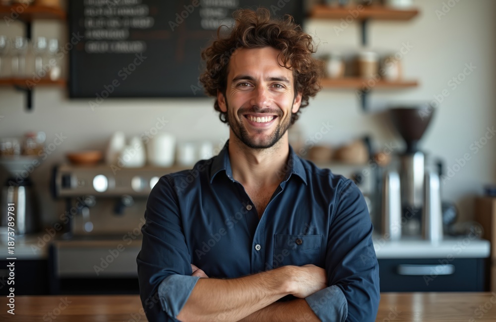 Fototapeta premium Smiling man owner stands arms crossed behind coffee shop counter. He wears blue shirt, has beard, curly hair. Barista ready to serve customers at cafe.