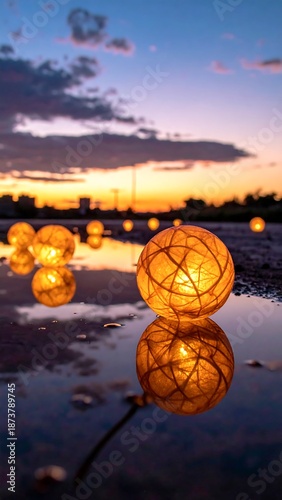 Illuminated spheres reflecting in water at sunset