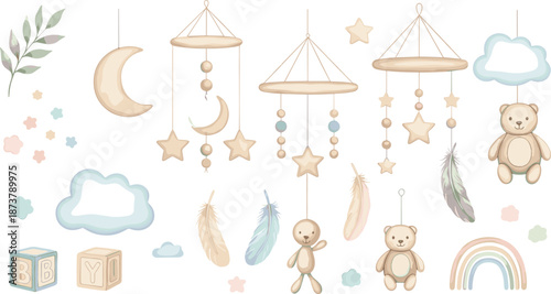 Soft pastel baby mobile elements with teddy bears, moons, stars, feathers, clouds, blocks, and nursery decorations in cute vector illustration
