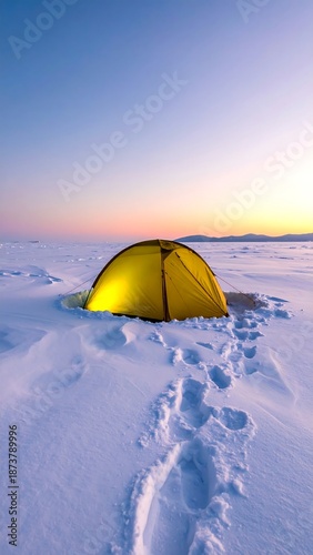 Illuminated yellow tent set in snow at dusk with footprints