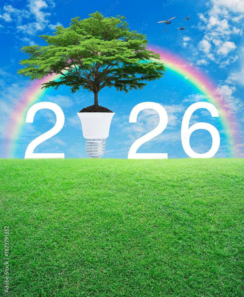 Fototapeta premium Big green tree on soil with light bulb and 2026 letter on green grass field over rainbow, birds and blue sky with white clouds, Happy new year 2026 green ecology and saving energy concept