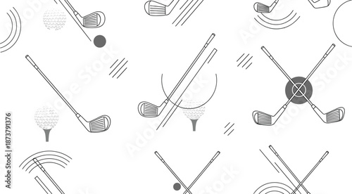 Minimal golf pattern with crossed clubs, balls, tees, and dynamic motion lines in clean black and white vector illustration