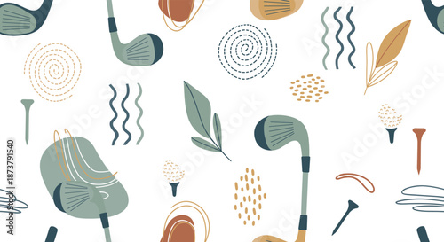 Abstract golf pattern with clubs, tees, balls, leaves, and decorative shapes in modern minimalist sports-themed vector illustration