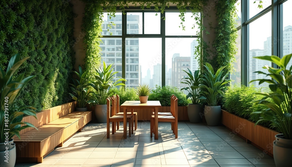 Fototapeta premium Indoor rooftop garden with rich greenery abundant plants offers tranquil urban oasis seating area. Nature filled space overlooks city buildings bright sunlight streams through large windows.
