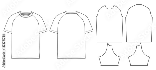 T.shirt Raglan short Sleeves Mockup And Pattern Template Vector