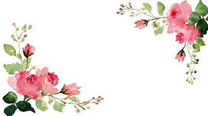Watercolor floral design with pink roses and green leaves on a white background