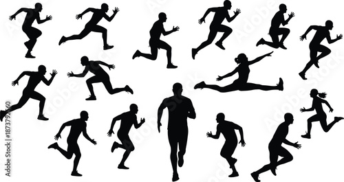 Dynamic running athlete silhouettes set showing sprinting, jumping, and motion poses, ideal for sports design, fitness concepts, action illustrations, and training visuals