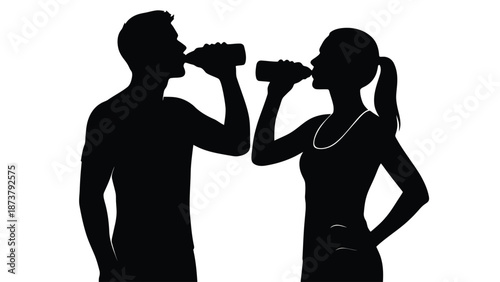 A man and woman in silhouette drinking from water bottles together