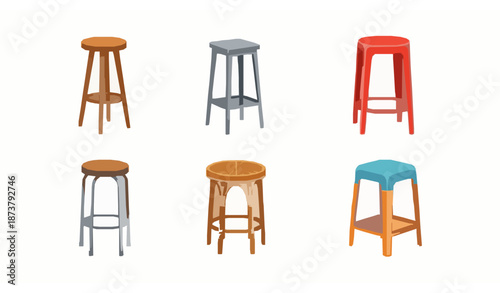 Cartoon bar stools vector set of modern, vintage, and colorful cafe chairs for restaurant and beach furniture illustrations