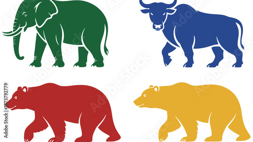 Colorful stylized animal icons representing market trends, bull and bear for finance