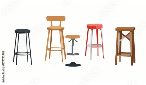 Cartoon bar stools vector illustration set of modern, retro, and rustic cafe chairs for restaurant and interior design