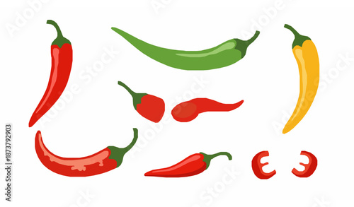 Cartoon chili pepper vector illustration set with red, green, and yellow peppers for cooking, salads, pizza, and Mexican cuisine