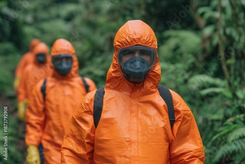 A group of individuals in protective orange suits and masks walking through a lush, green forested area.