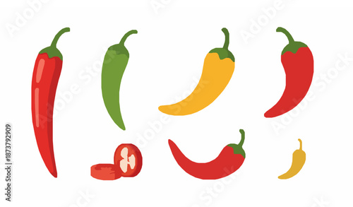 Playful cartoon chili peppers vector set with fresh vegetables, whole and sliced, for cooking, salad, pizza, and spice illustrations