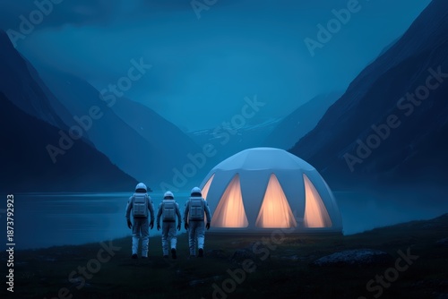 Three astronauts approach a futuristic dome shelter in a serene, mountainous landscape, illuminated under a twilight sky.