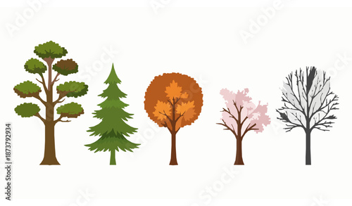 Set of cartoon tree and silhouette vector illustrations with oak, pine, maple, cherry, and bare trees for landscape and decorative designs