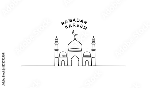 Continuous line Islamic mosque vector illustration with Ramadan Kareem greeting for minimalist Eid, Eid Fitr, and Muslim holiday design