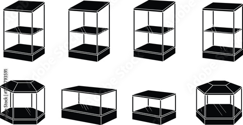 Glass display showcase silhouettes set featuring retail cabinets, exhibition boxes and museum vitrines, minimalist black vector illustration for shop interior, product presentation and showroom design