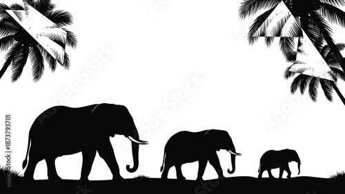 Elephant family silhouette walking through tropical jungle with palm trees wildlife safari scene mother father baby animals nature vector illustration