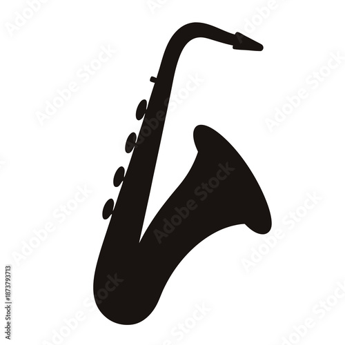Elegant black silhouette of a saxophone against a clean white backdrop