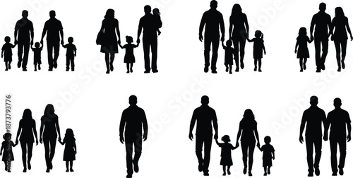 Family silhouettes set parents and children walking together happy families isolated on white background vector illustration collection design pack bundle
