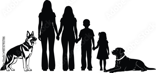 Family silhouette with two mothers children and dogs standing together unity love pets companionship isolated on white background vector illustration