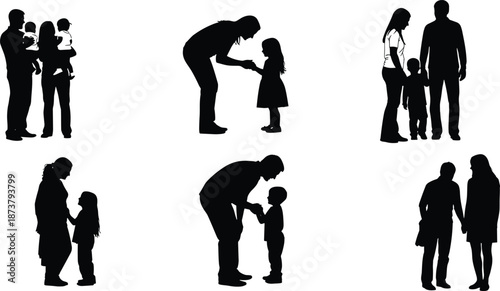 Family silhouettes showing parents and children bonding moments love care guidance and support isolated on white background vector illustration set