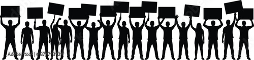 Large protest crowd silhouette vector illustration with people raising blank placards, representing demonstration, activism, freedom of speech, and social movement concepts isolated on white