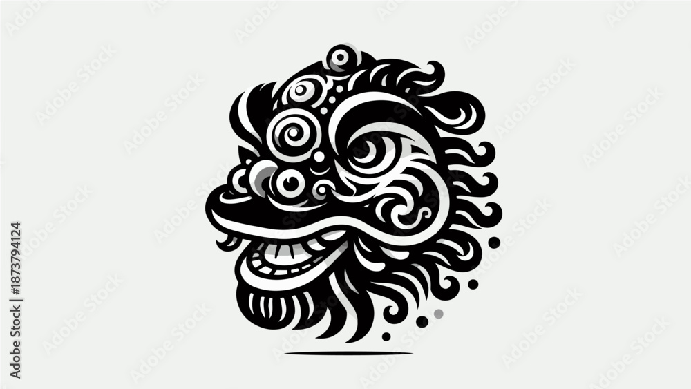 Fototapeta premium Shiluet Monochrome Lion Dance Head Illustration – Traditional Chinese Art