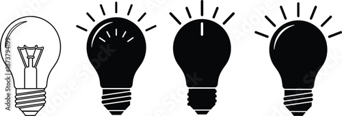 Light bulb icon vector set showing idea and creativity symbols in outline and solid black styles, innovation concept illustrations isolated on white background