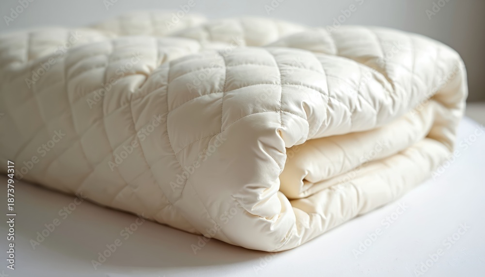 Fototapeta premium Cream quilted mattress topper folded neatly on white surface. Provides extra padding comfort for bed. Smooth diamond pattern fabric adds soft texture and home decor element.