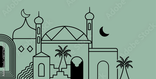 Ramadan Kareem background designed in line art style. Modern linear Islamic themed greeting card template. Vector illustration. Suitable for social media, posters, greeting cards, etc.