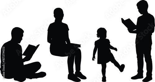 Family reading silhouettes collection, parents children learning education poses, home study lifestyle concept, black isolated human figures illustration
